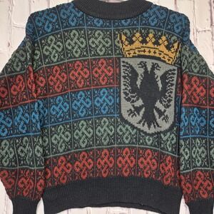 VTG Forum Mens XL Geometric Crest Crown Double Phoenix Sweater Black Red Blue